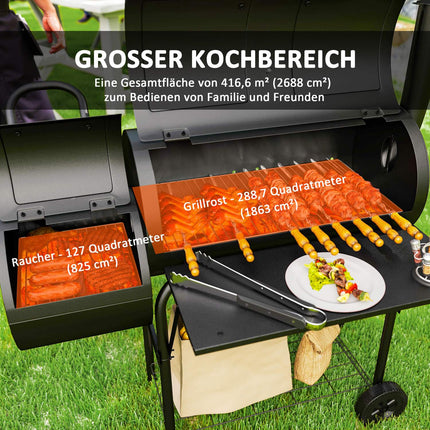 Steel BBQ charcoal grill with thermometer and wheels, 109x60x120 cm
