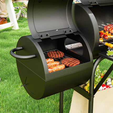 Steel BBQ charcoal grill with thermometer and wheels, 109x60x120 cm