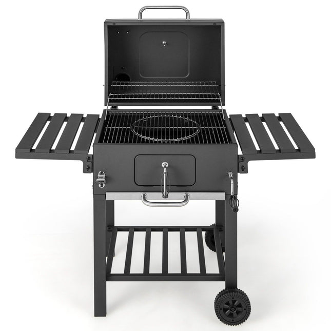 Charcoal grill with lid & 2 folding side tables & 8 hooks & thermometer & bottle opener