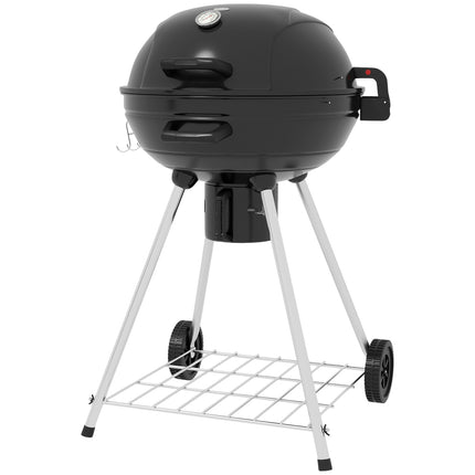 Charcoal grill with wheels, shelf and thermometer