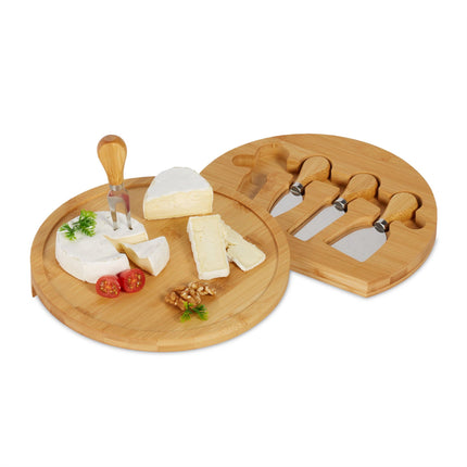 Cheese tray in bamboo with cutlery set in 4 parts