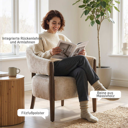 Chenille Armchair with Solid Wood Frame, Beige