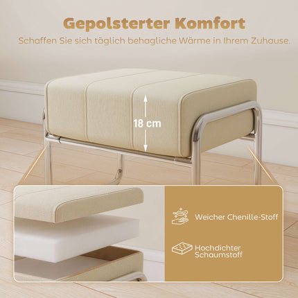 Chenille Footstool, Thick Cushion, Steel Legs, Beige