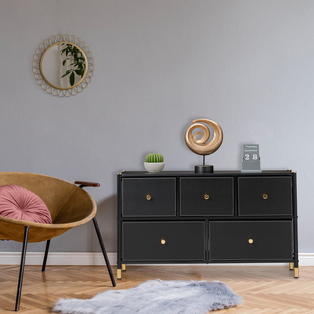 Chest of Drawers, 5 Compartments, Black and Gold