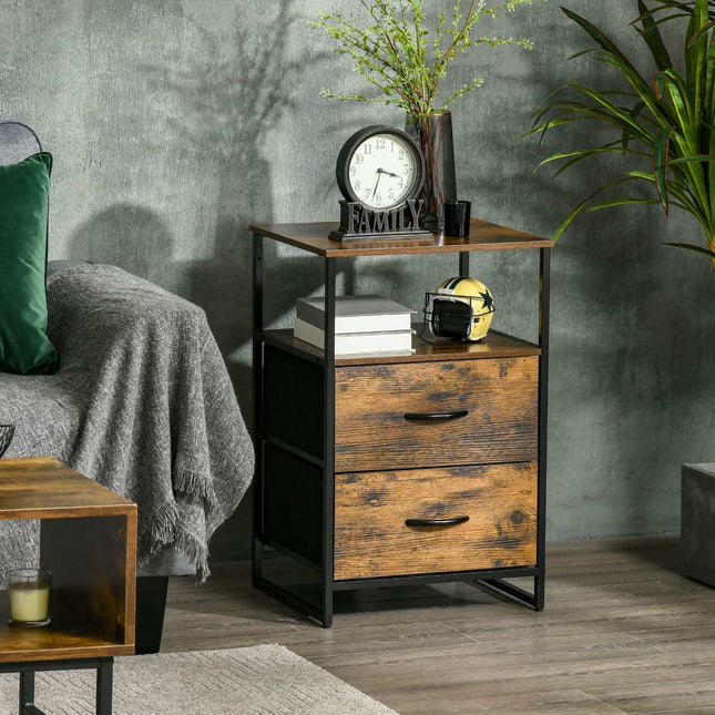 Rustic brown storage cabinet with fabric drawers