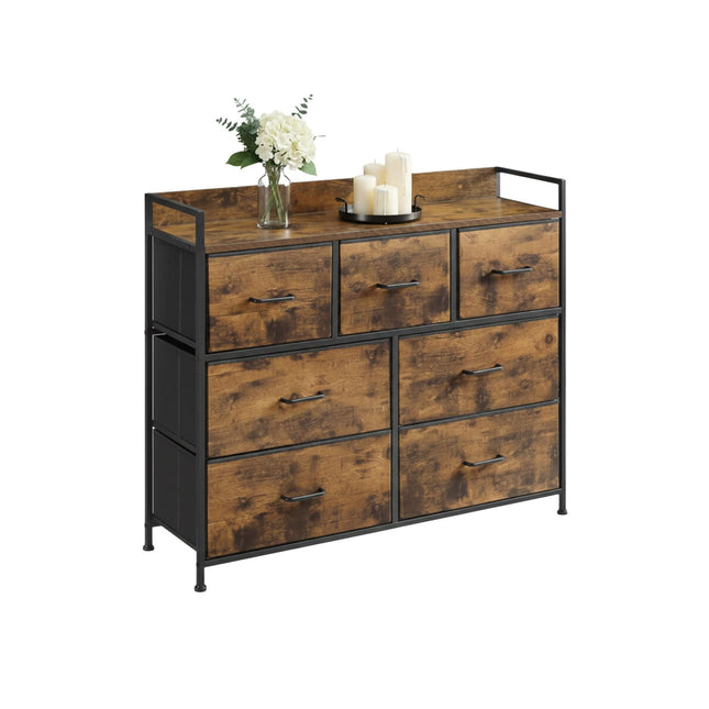 Commode met 7 stoffen opbergvakken en metalen frame.