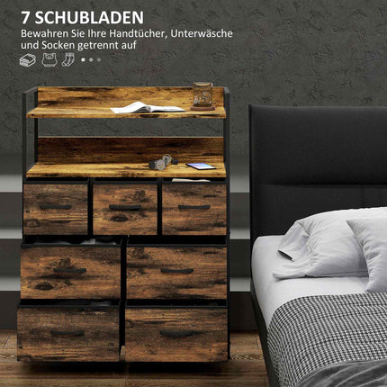 Rustic brown fabric box - 7 drawers, 2 shelves