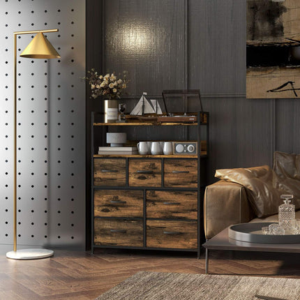 Rustic brown fabric box - 7 drawers, 2 shelves