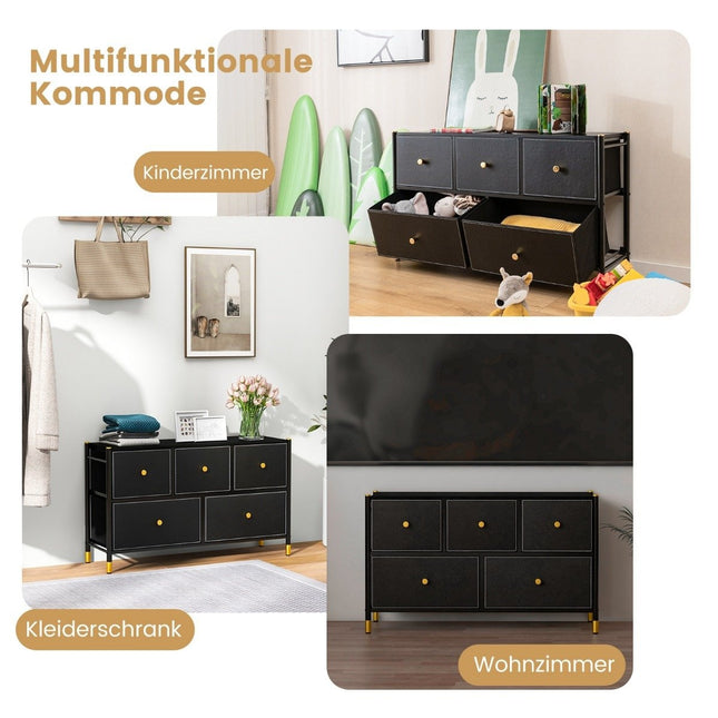 Chest of drawers for bedroom with 5 drawers wide fabric chest of drawers with metal frame 100 x 30 x 58.5 cm black