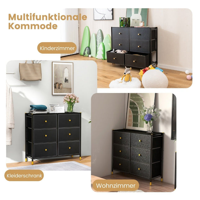 Ladekast voor de slaapkamer met 6 laden hoge stoffen ladekast met metalen frame 89 x 30 x 76,5 cm zwart