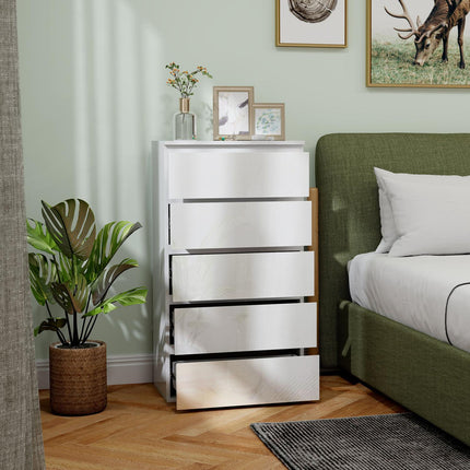 White dresser with 5 anti-tip tabs, 55x34x100 cm