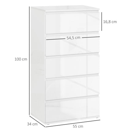 White dresser with 5 anti-tip tabs, 55x34x100 cm