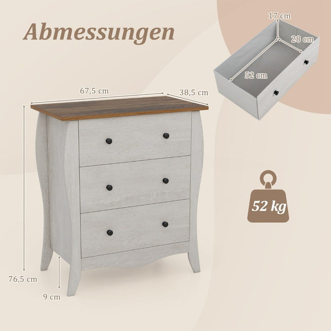 Chest of drawers with 3 folding fabric drawers, country house style sideboard, gray drawer cabinet