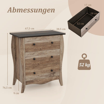 Chest of drawers with 3 folding fabric drawers, sideboard in country house style, drawer cabinet, brown