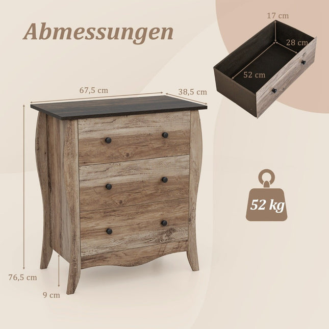 Chest of drawers with 3 folding fabric drawers, sideboard in country house style, drawer cabinet, brown