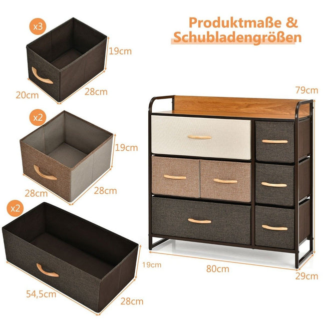 Chest of drawers with 7 fabric drawers & steel frame & wooden surface