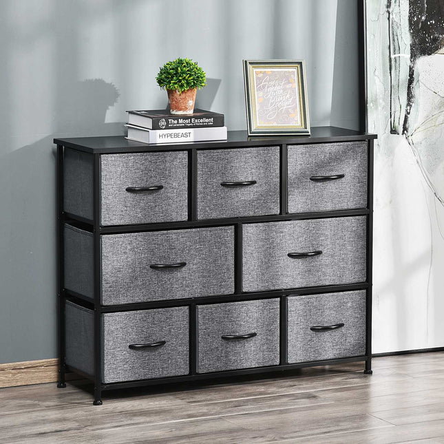 Fabric dresser with 8 drawers, metal frame - dark grey