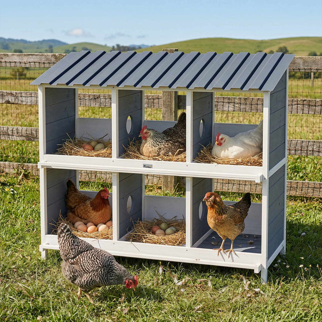 Chicken Nesting Box, 6 Compartments, Wooden, 2 Perches