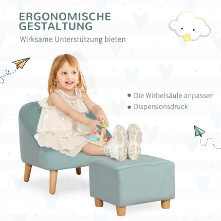 Velvet armchair for children with footstool, green, 51cm