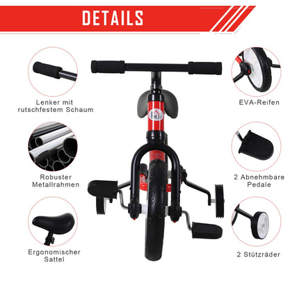 Balance bike for children with training wheels, 2-5 years, red