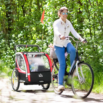 2-in-1 children's bike trailer with suspension and brake, red/black
