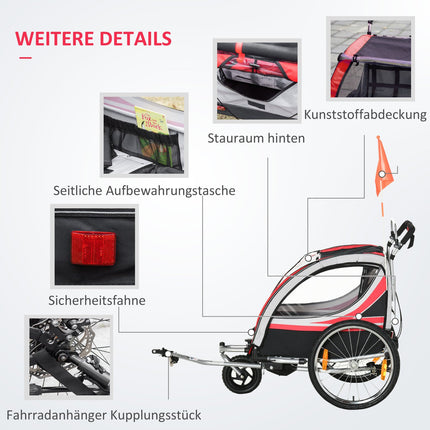 2-in-1 children's bike trailer with suspension and brake, red/black