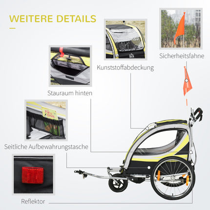 Children's bicycle stroller with suspension & brake, yellow/black