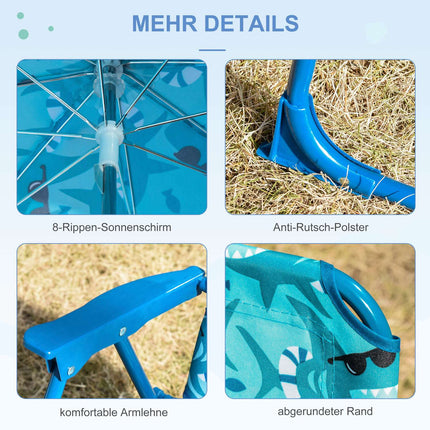 Folding children's camping chair with parasol, blue, lightweight
