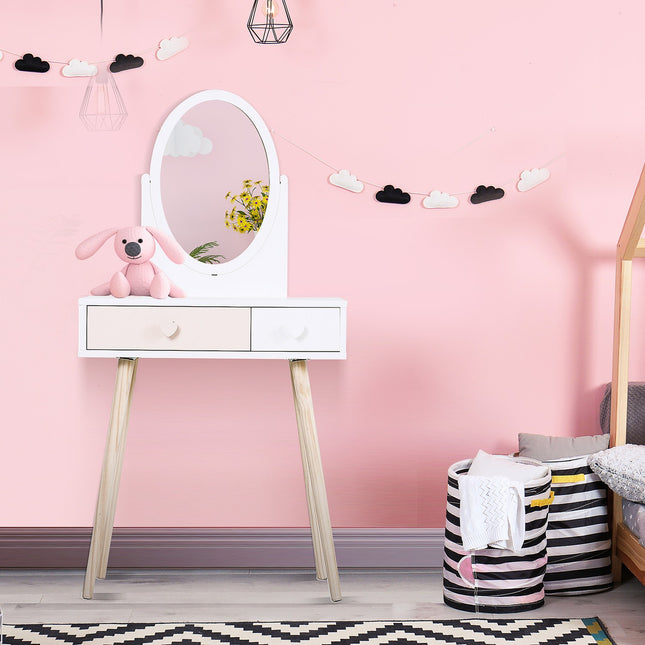 White dressing table in solid wood for children with mirror