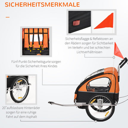Children's bike carriage for 2 with flag, rain cover, steel