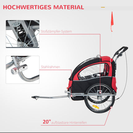 Children's bicycle stroller, foldable with rain cover, red