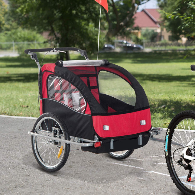 Children's bicycle stroller, foldable with rain cover, red