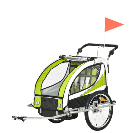 Children's bicycle stroller for 2 with rain cover, green/black