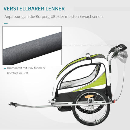 Children's bicycle stroller for 2 with rain cover, green/black