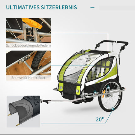 Children's bicycle stroller for 2 with rain cover, green/black