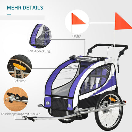 Children's bicycle stroller for 2 with rain cover, purple and black