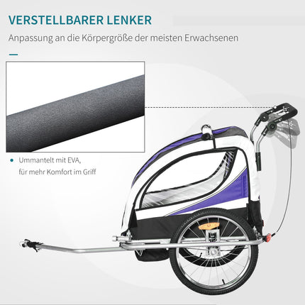 Children's bicycle stroller for 2 with rain cover, purple and black