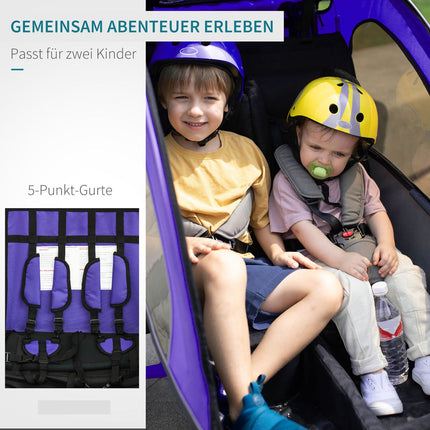 Children's bicycle stroller for 2 with rain cover, purple and black