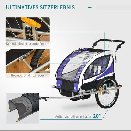 Children's bicycle stroller for 2 with rain cover, purple and black