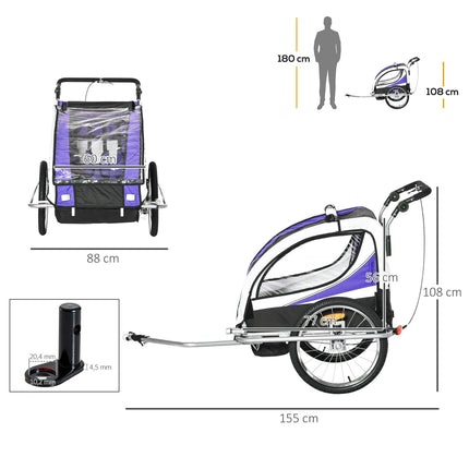 Children's bicycle stroller for 2 with rain cover, purple and black