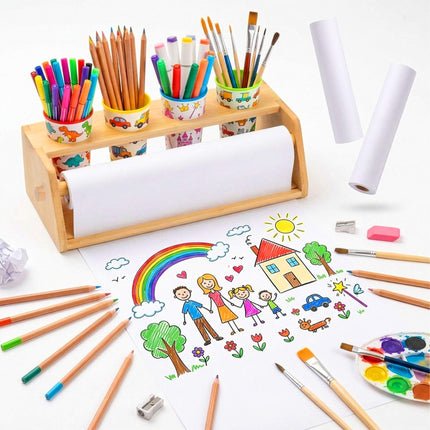 Children's Art Station with 3 Paper Rolls, Pine Wood