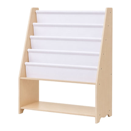 Children's Bookcase with 4 Fabric Pockets, Natural Wood