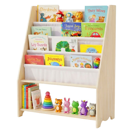 Children's Bookcase with 4 Fabric Pockets, Natural Wood