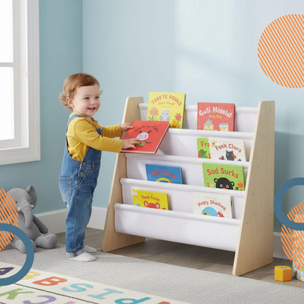 Children's Bookcase with 4 Fabric Pockets, Natural Wood