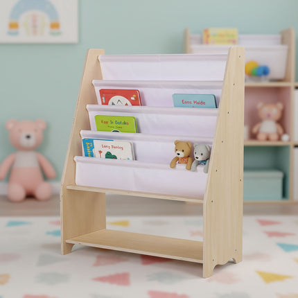 Children's Bookcase with 4 Fabric Pockets, Natural Wood
