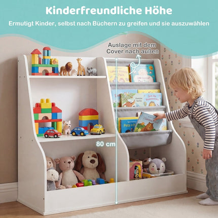 Children's Bookshelf with 3-Tier Fabric Pockets, White