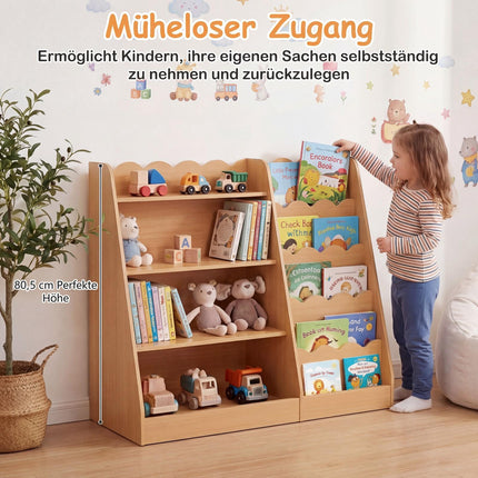 Children's Bookshelf with 4 Shelves & Hidden Storage, Wood