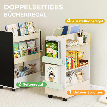 Children's Bookshelf with Chalkboard and Wheels, White