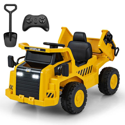 Children's Caterpillar electric car 12V dump truck to sit on with sand shovel & tipping bed & megaphone