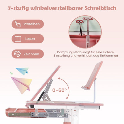 Children's Desk 51-73cm Height Adjustable Student Desk with Tiltable Table Top (Pink Table)
